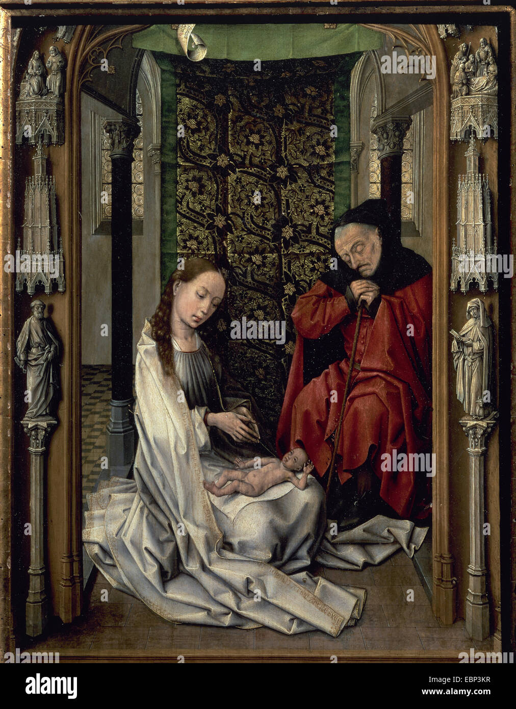 Gothic art. Miraflores Altarpiece.  Panel altarpiece by Early Netherlandish painter  Rogier van der Weyden (1399/1400-1464). Triptych. Panel of the Nativity. Oil on panel. Royal Chapel of Granada. Andalusia. Spain. Stock Photo