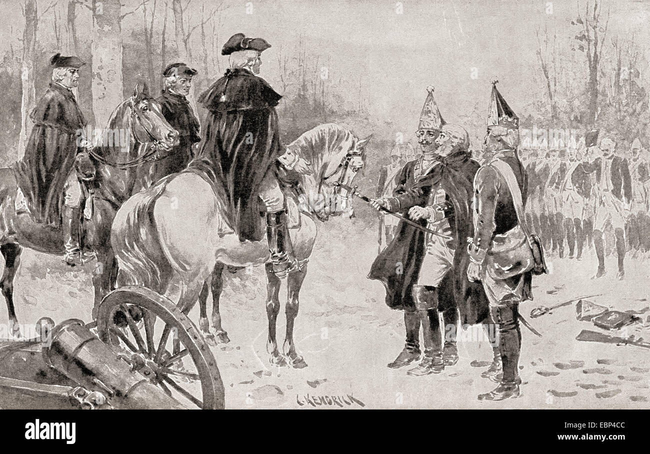 Colonel Rahl surrenders to George Washington at The Battle of Trenton, December 26, 1776, during the American Revolutionary War. Stock Photo