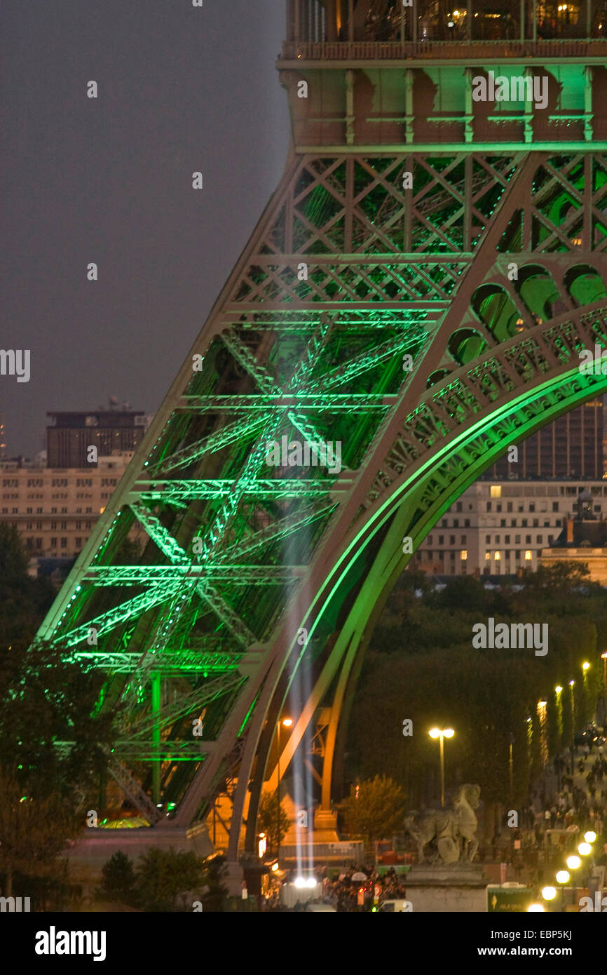 green illumminated pillar of Eiffeltower, France, Paris Stock Photo