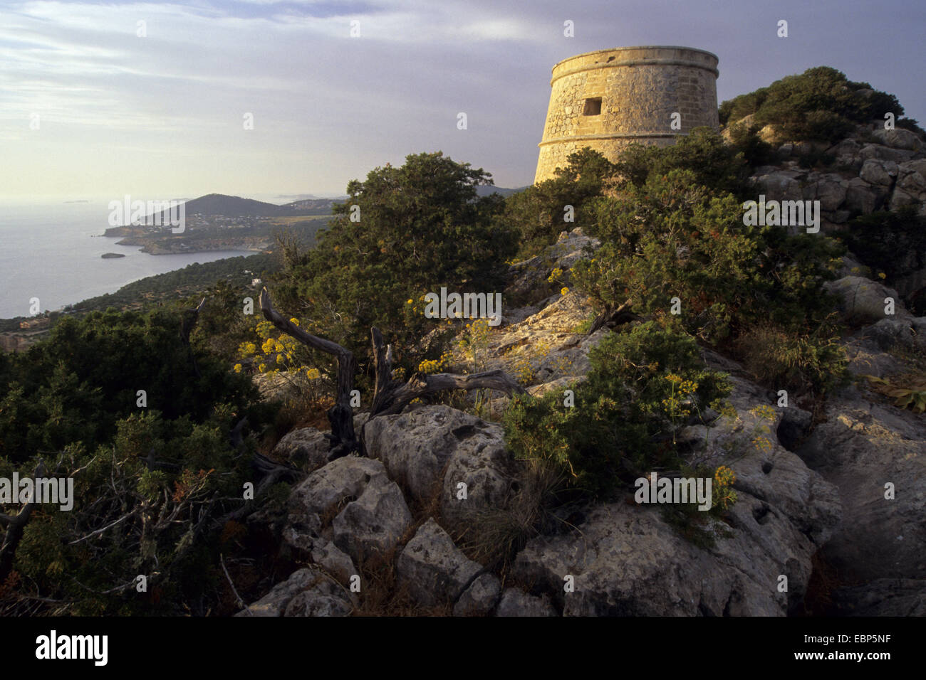 watchtower Torre des Savinar at the viewpoint Mirador des Savinar, Spain, Balearen, Ibiza Stock Photo