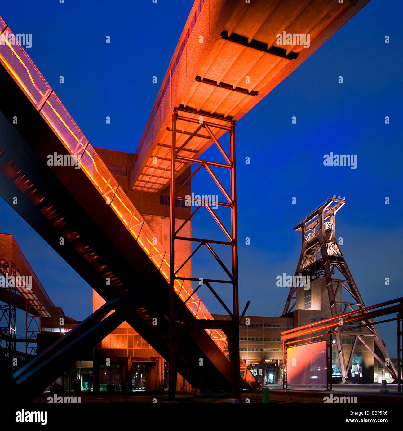illuminated Zollverein Coal Mine Industrial Complex, Germany, North Rhine-Westphalia, Ruhr Area, Essen Stock Photo