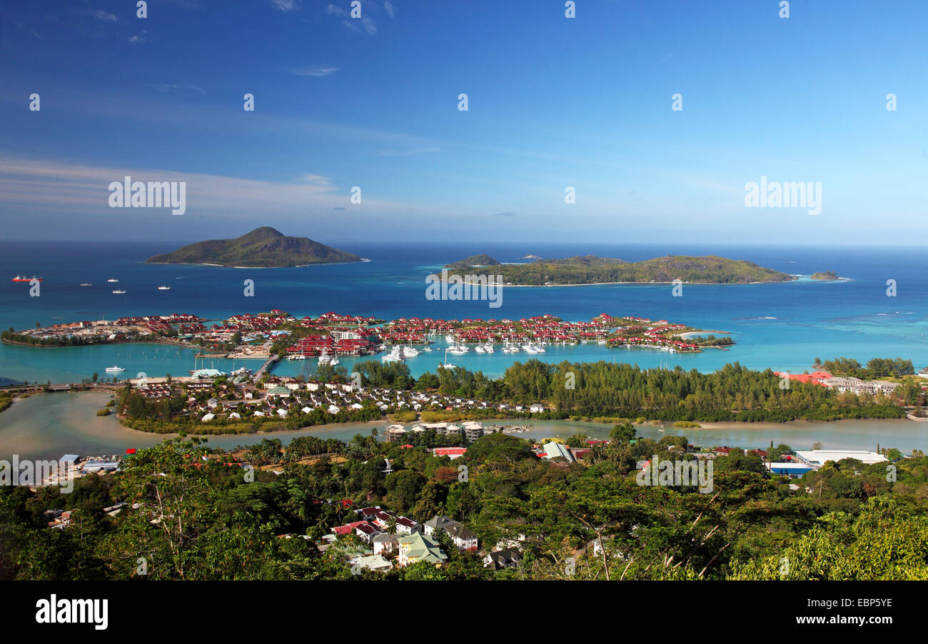view onto Eden Island, Seychelles, Mahe, Victoria Stock Photo