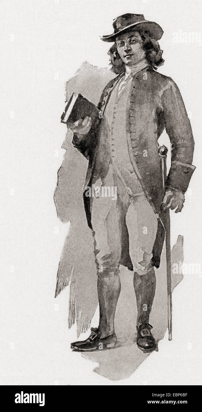 Nathan Hale in the type of clothing he would have worn during his duties spying on the British.  Nathan Hale, 1755 – 1776.   Soldier for the Continental Army during the American Revolutionary War. Stock Photo