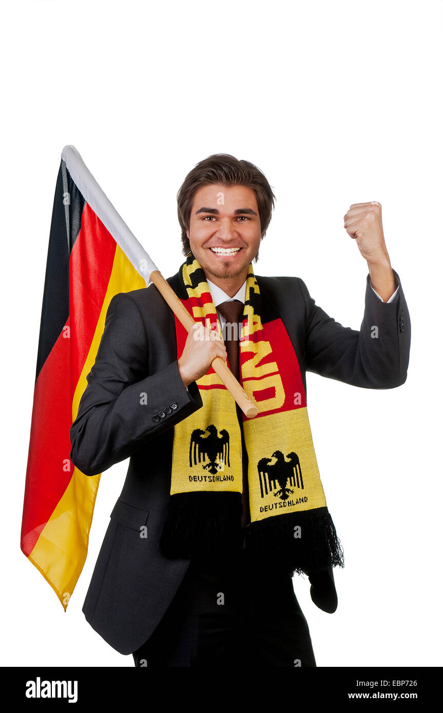 businessmann with German scarf and German flag, Germany Stock Photo