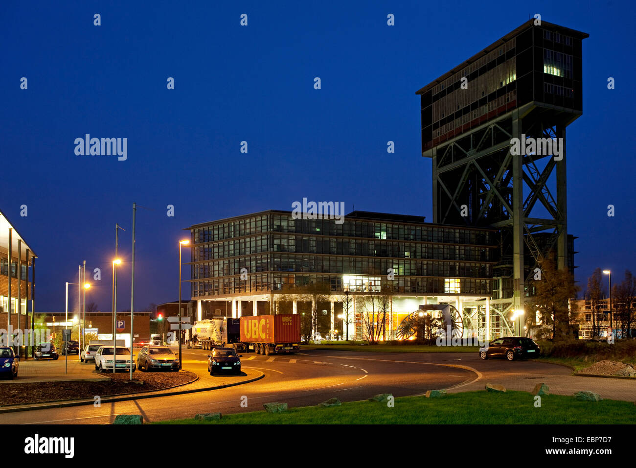 service and industrial estate of formerly pit Minister Stein in twilight, Germany, North Rhine-Westphalia, Ruhr Area, Dortmund Stock Photo