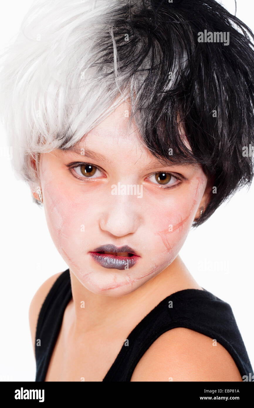 Portrait of a Young Girl in Wig Posing as Frankenstein Stock Photo