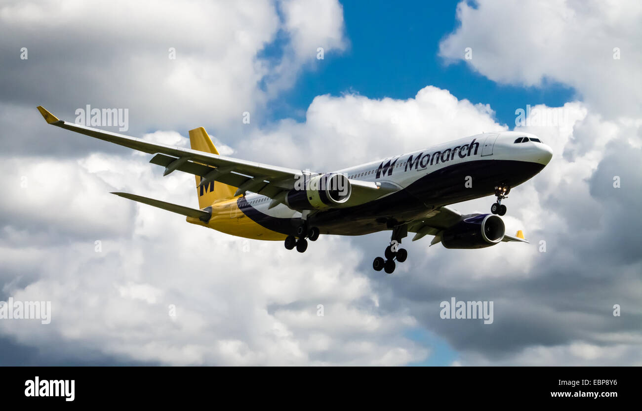 Monarch Airlines Boeing 767, landing to Manchester International Airport. Stock Photo