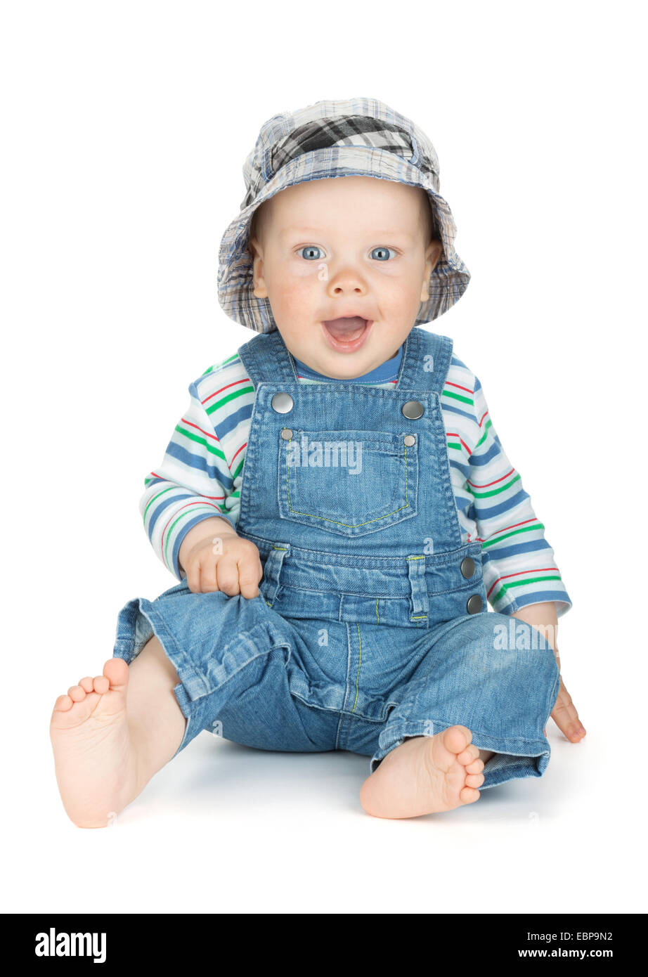 Small cute baby boy in jeans. Isolated on white background Stock Photo
