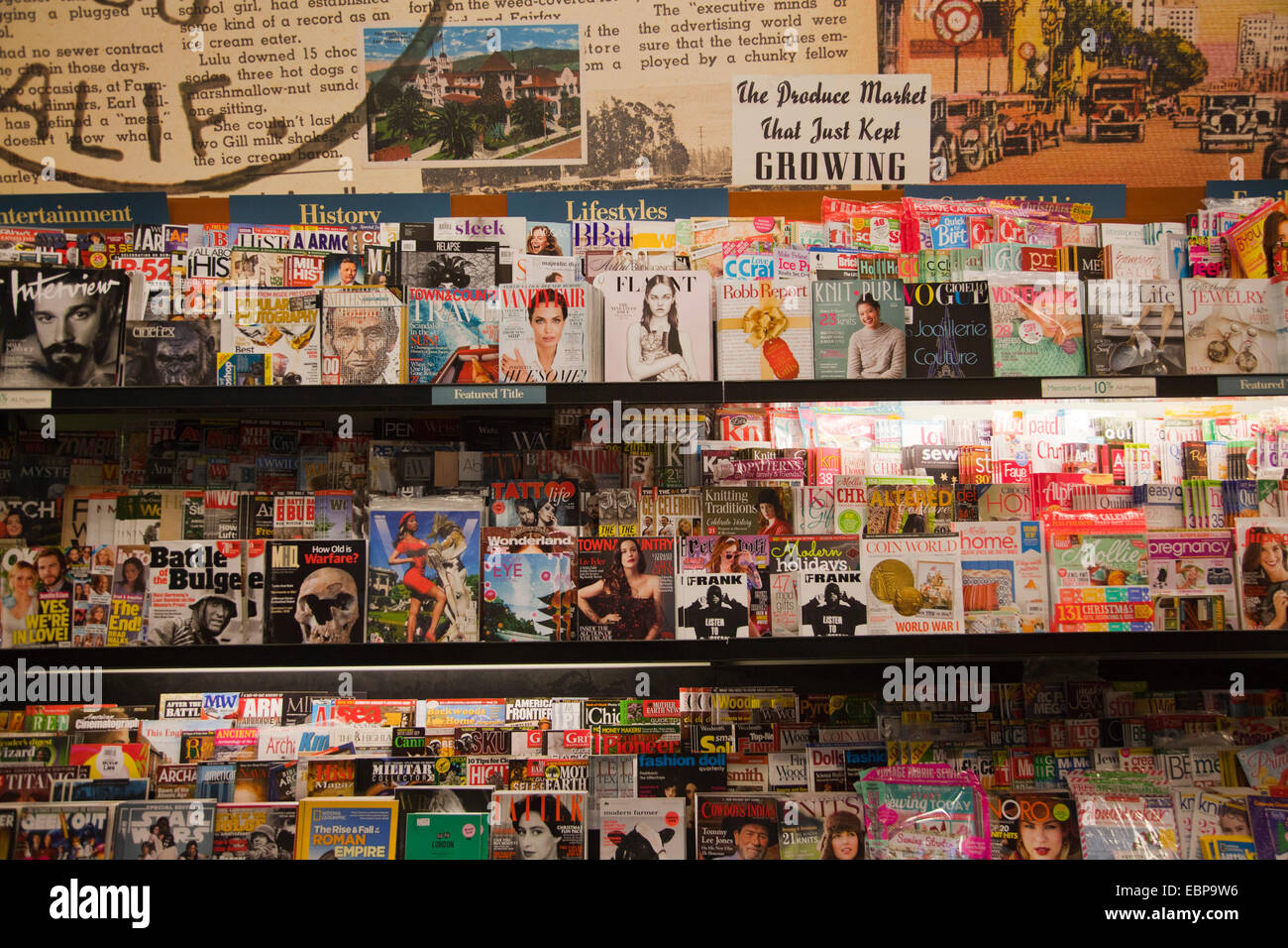 newsstand, bookstore at The Grove - a retail and entertainment complex in Los Angeles, California, United States of America Stock Photo