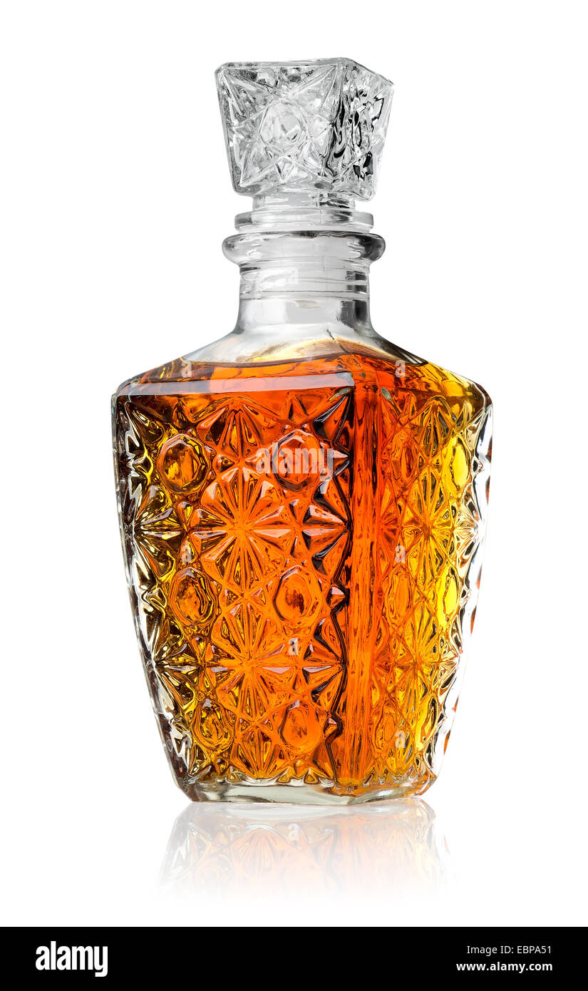 Crystal decanter with cognac isolated on white Stock Photo