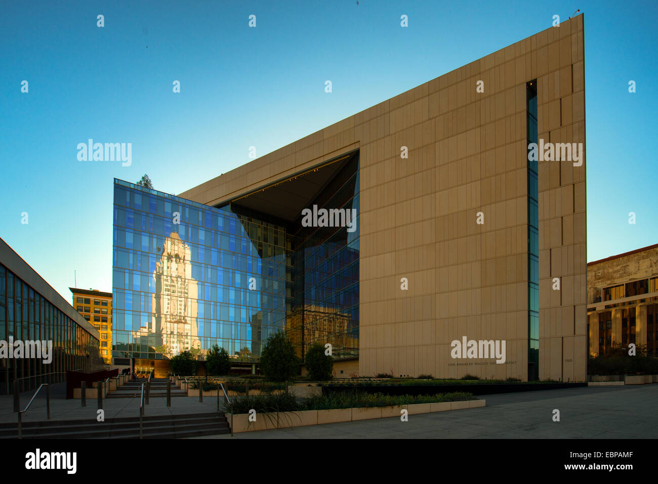 Reflection of the Los Angeles City Hall at Los Angeles Police Dept Headquarters, Los Angeles, California, USA Stock Photo
