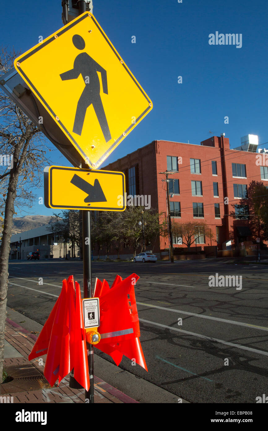 Salt Lake City, Utah - Crosswalk safety flags at a pedestrian street crossing. Stock Photo