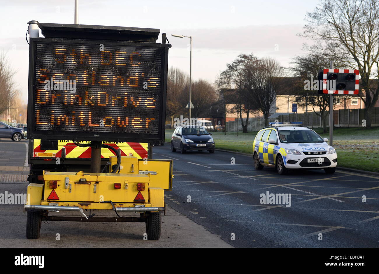 Scotland. 03rd Dec, 2014. A mobile electronic sign informing drivers that from the 5th December 2014 the drink drive limit will be lower than what is the current limit. The ccottish limit lowers but the English limit will remain the same which could could impact on drivers having a drink in England and driving over the border into Scotland. Credit:  STUART WALKER/Alamy Live News Stock Photo