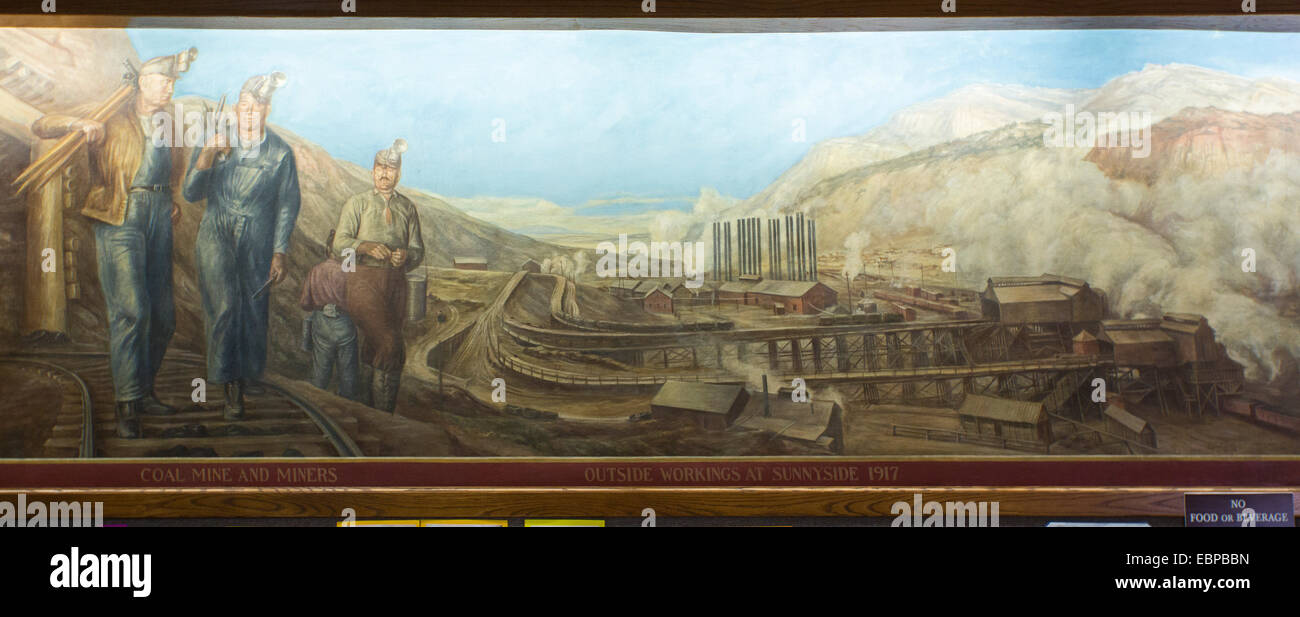 Price, Utah - A section of a painting in the Price Municipal Building that depicts the history of Carbon County. Stock Photo