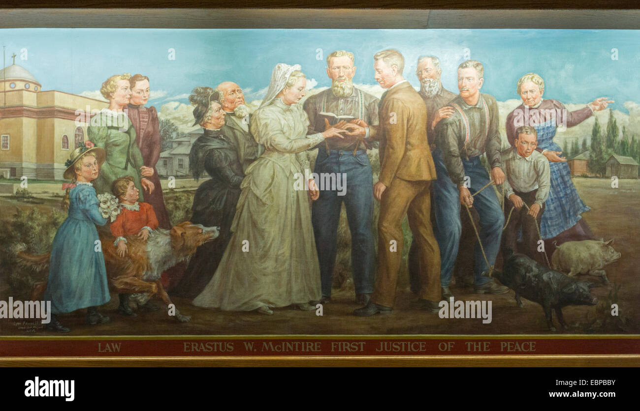 Price, Utah - A section of a painting in the Price Municipal Building that depicts the history of Carbon County. Stock Photo