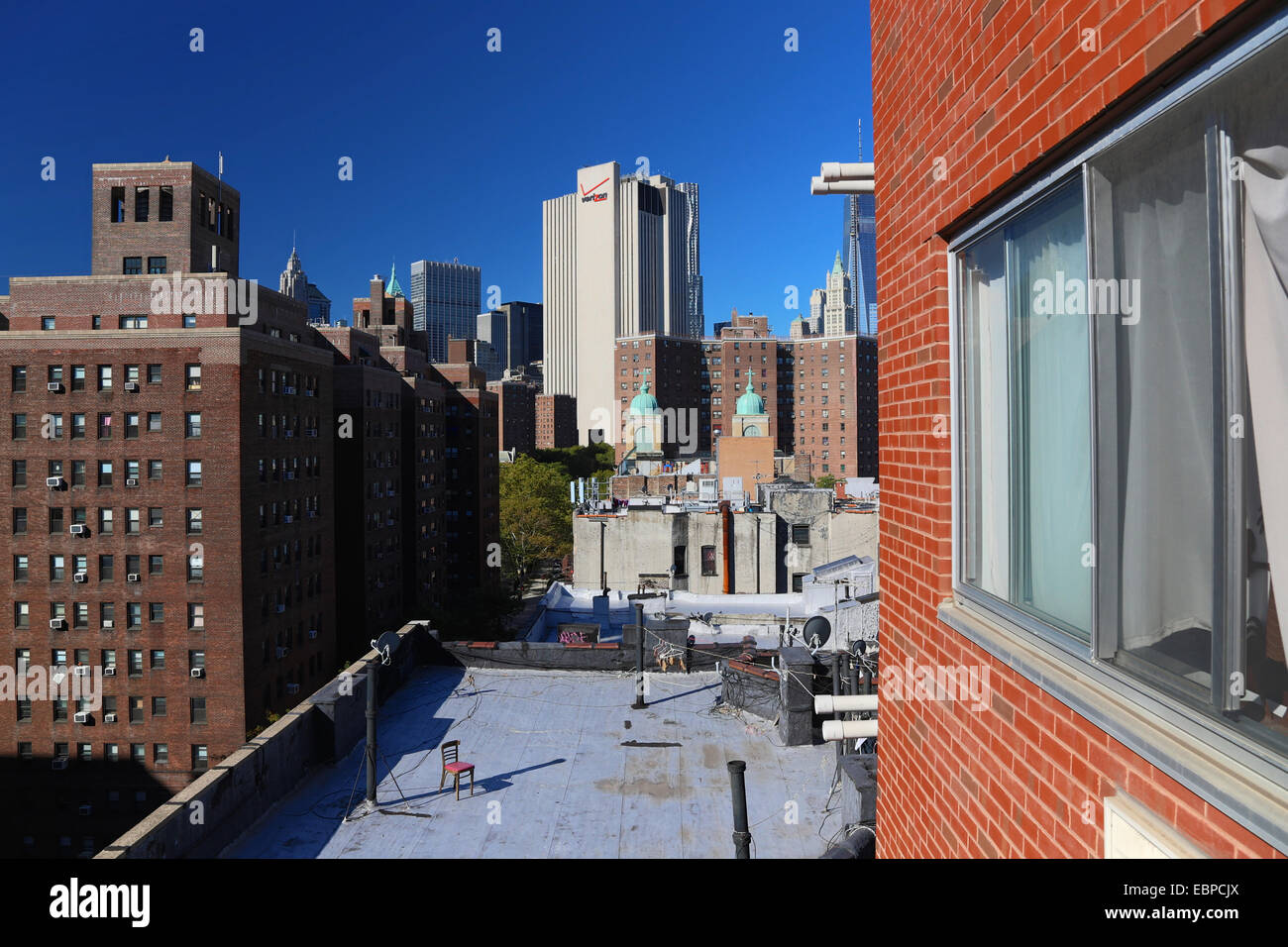 View across the rooftops of Tow Bridges in the Lower East Side of