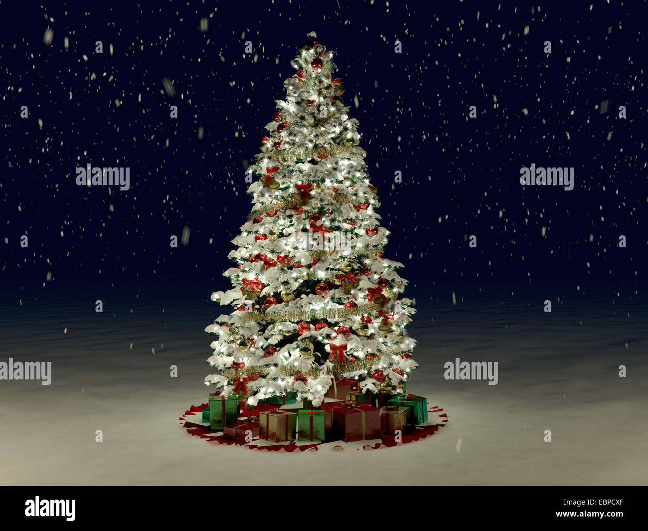 Snow Covered Christmas Tree with Multi Colored Lights Stock Photo Alamy