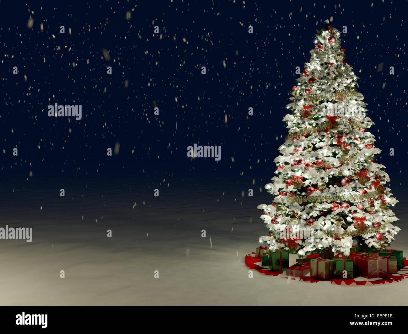 Snow Covered Christmas Tree with Multi Colored Lights Stock Photo Alamy