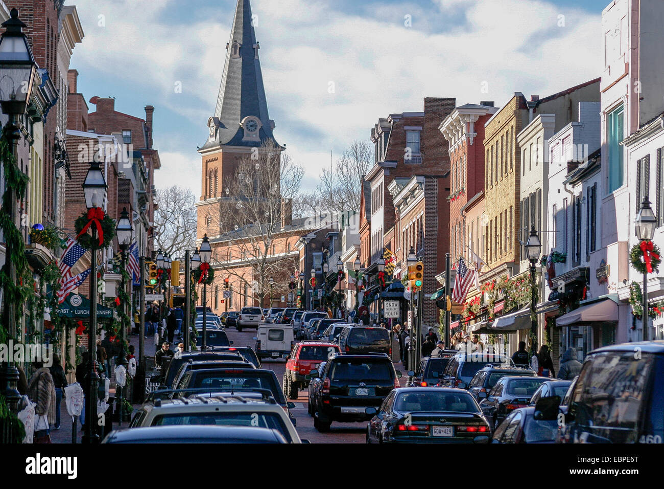 View up Main Street in the historic part of Annapolis, Maryland at
