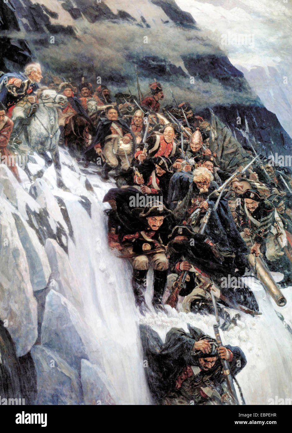 Russian troops under Generalissimo Suvorov crossing the Alps in 1799. Vasily Surikov. Stock Photo