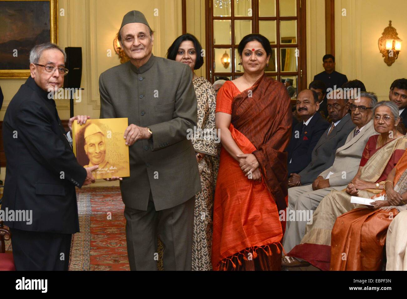 The President of India, Shri Pranab Mukherjee, during the hand-over ceremonry for the first copy of the Coffee Table Book, 'Remembering Baba – Dr. Rajendra Prasad' at Rashtrapati Bhavan. © Bhaskar Mallick/Pacific Press/Alamy Live News Stock Photo