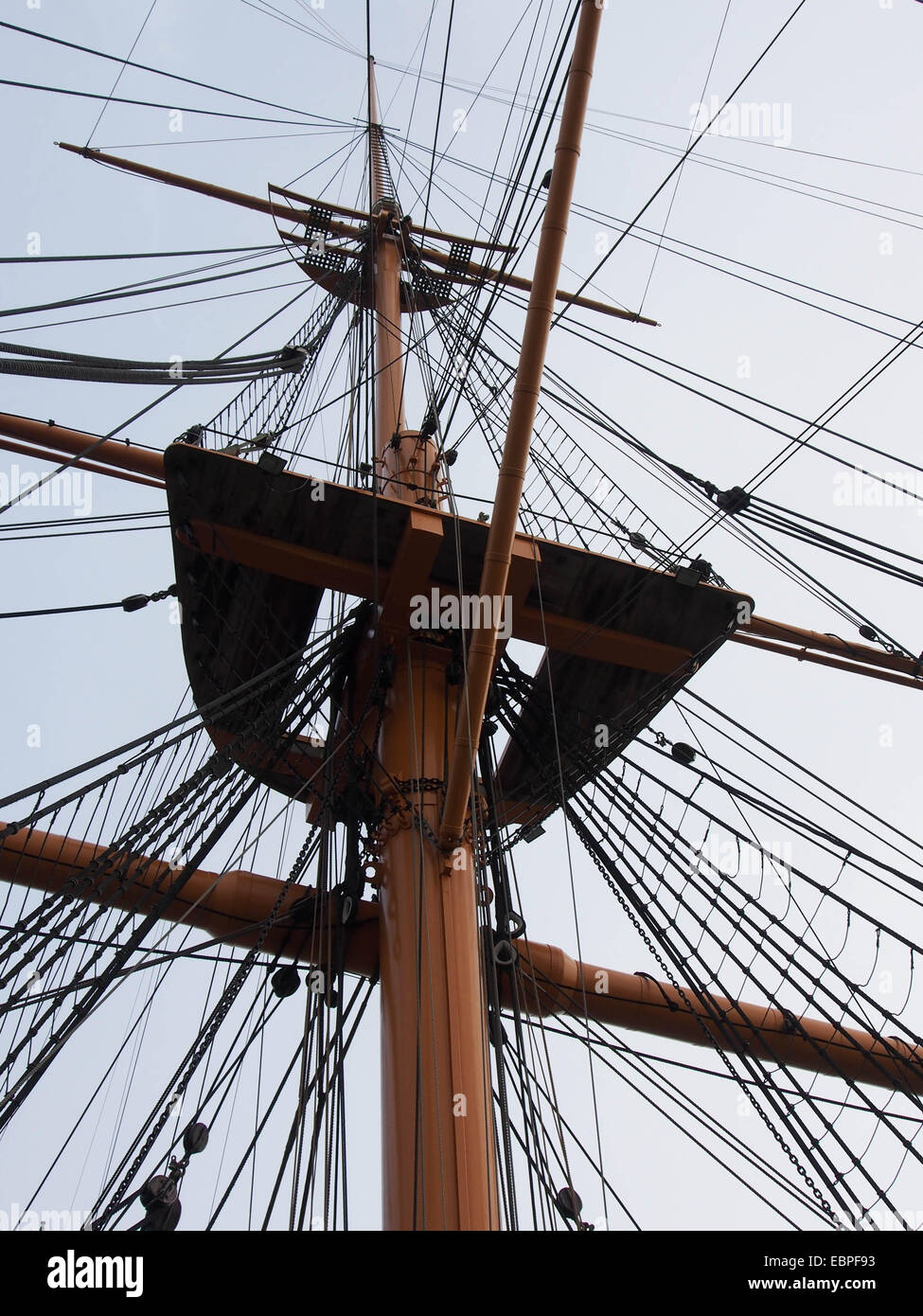 The main mast oh HMS Warrior with the crows nest and rigging clearly visible. Stock Photo