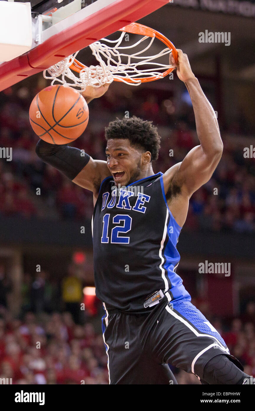 December 3, 2014: Duke Blue Devils forward Justise Winslow #12 goes in for  a slam dunk in the final minutes of the NCAA Basketball game between Duke  Blue Devils and the Wisconsin