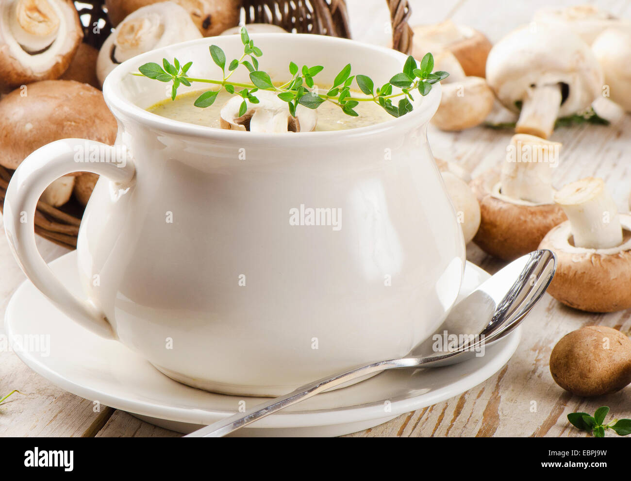 Champignon  soup and fresh mushrooms. Selective focus Stock Photo