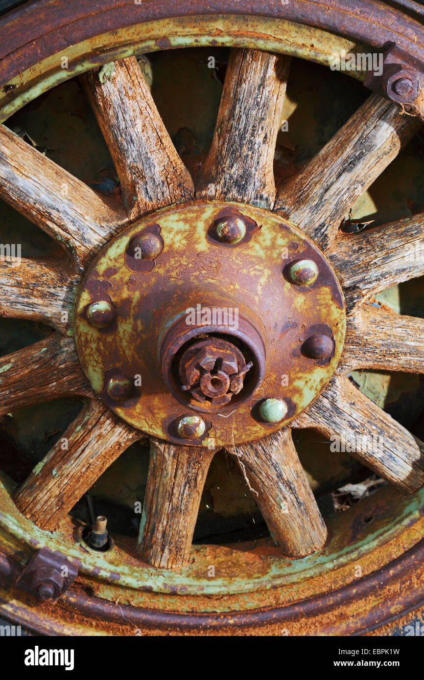 Old wooden spokes on a wagon wheel on a farm in Western Australia Stock