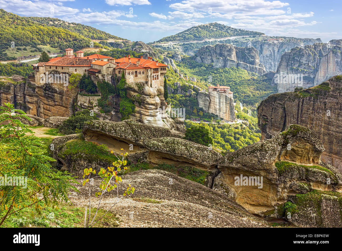 Monastery from Meteora-Greece, beautiful landscape with tall rocks with buildings on them Stock Photo