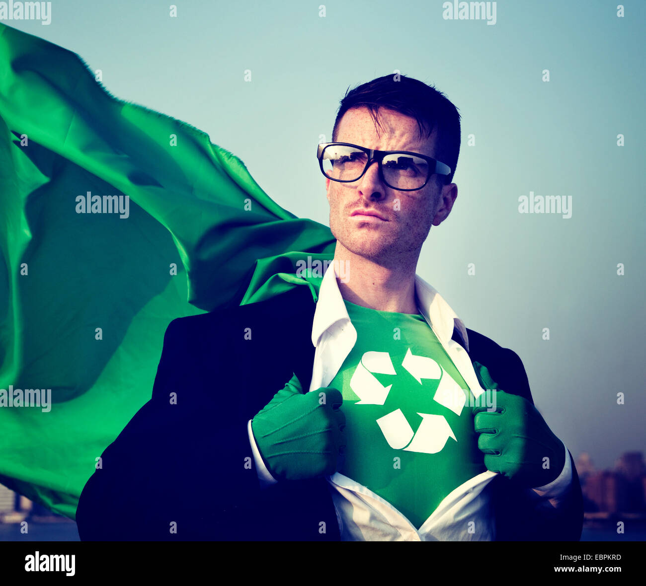 Superhero With Recycling Symbol on Outfit Stock Photo