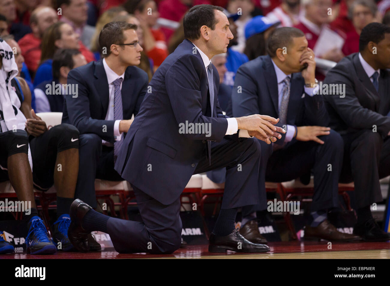 December 3, 2014: Duke coach Mike Krzyzewski looks on during the NCAA Basketball game between Duke Blue Devils and the Wisconsin Badgers at the Kohl Center in Madison, WI. Duke defeated Wisconsin 80-70. John Fisher/CSM. Stock Photo