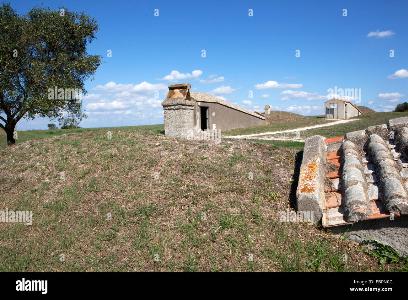 Necropolis of Monterozzi with the entrances built as a protection to the ancient Etruscan tombs, Tarquinia, Lazio, Italy Stock Photo