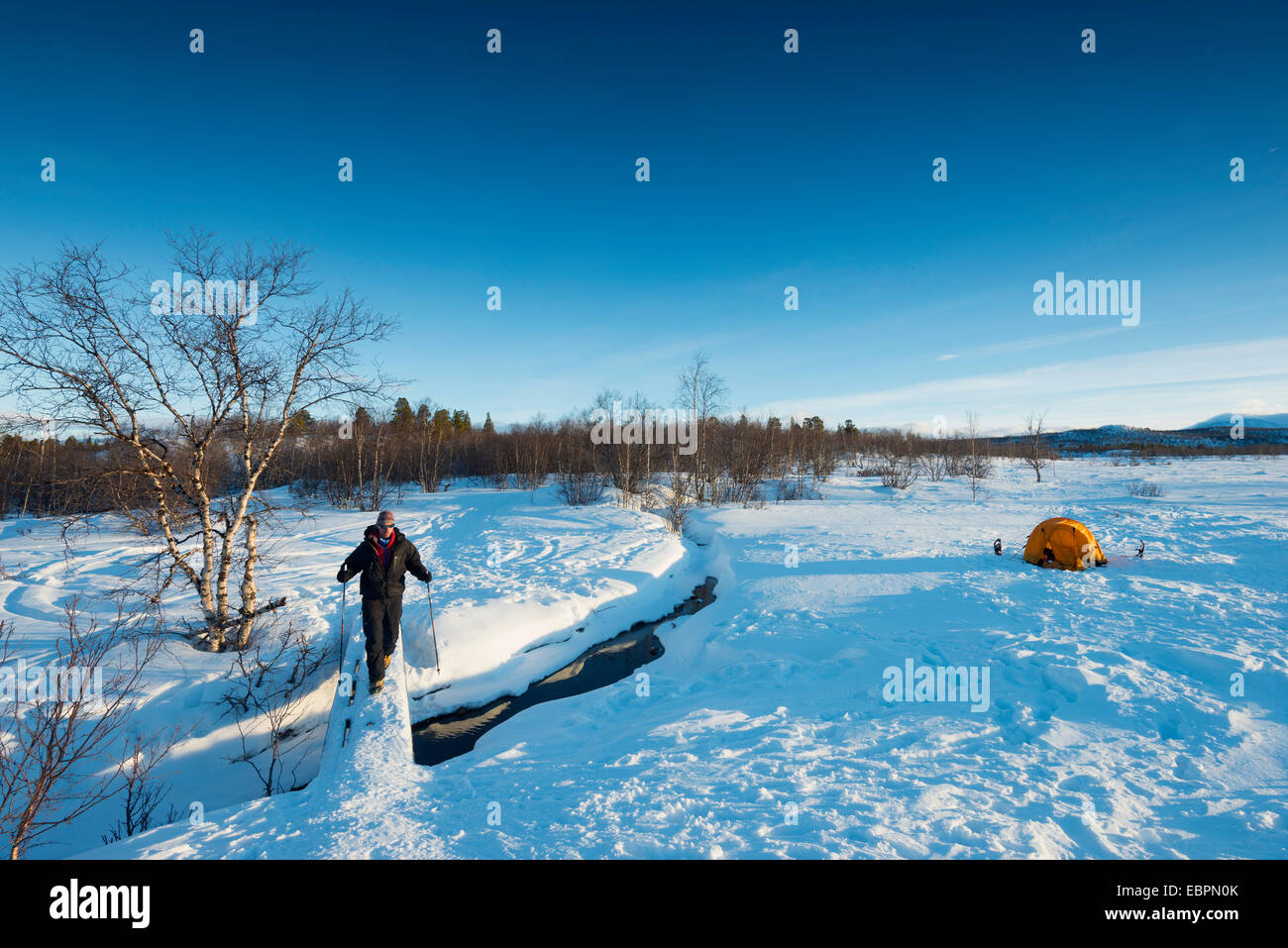 Hiker on Kungsleden (The Kings Trail) hiking trail, Abisko National Park, Sweden, Scandinavia, Europe Stock Photo