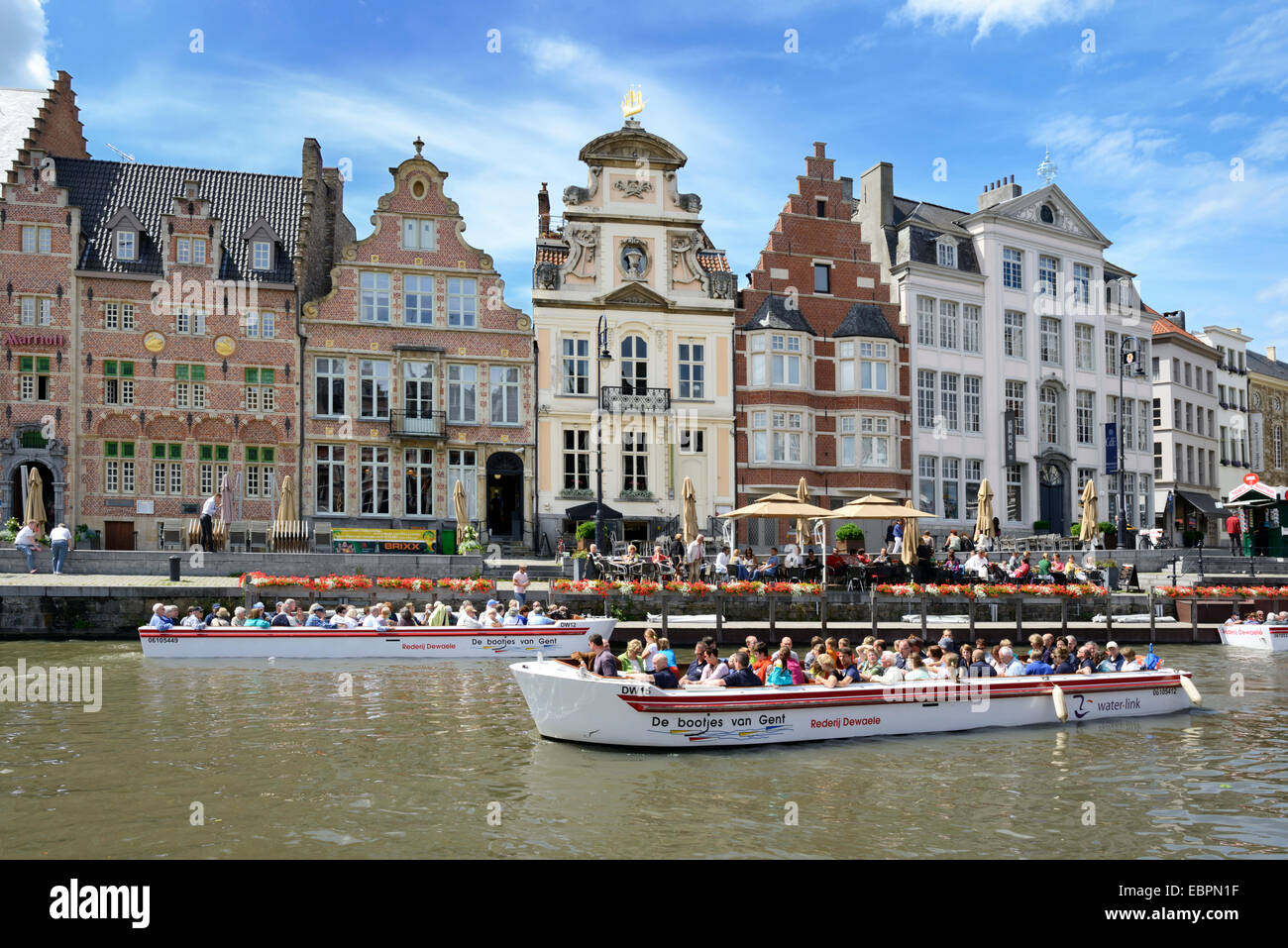 Pleasure boats on the river, looking towards Korenlei quay, Ghent, Flanders, Belgium, Europe Stock Photo