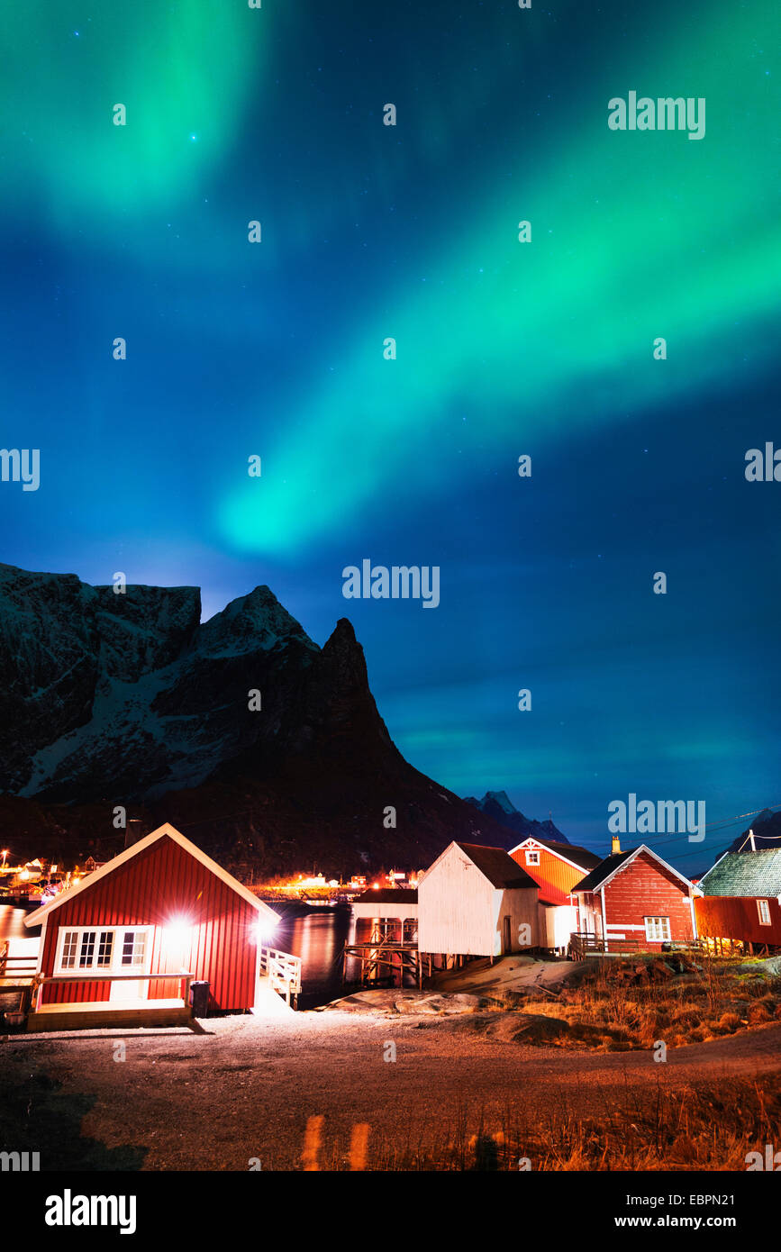 Aurora borealis (Northern lights), Reine, Moskenesoy, Lofoten Islands, Norway, Scandinavia, Europe Stock Photo