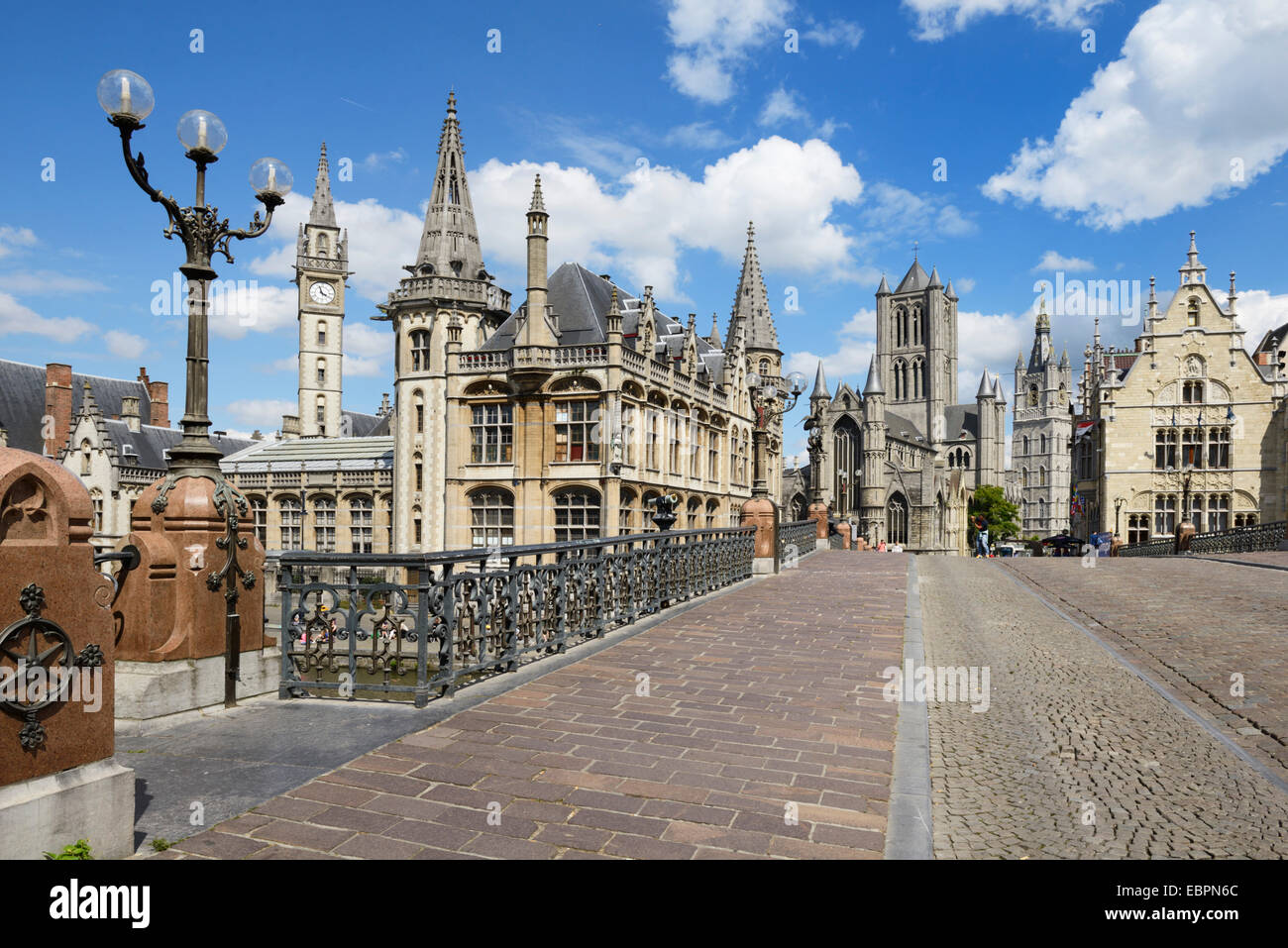 Old Post Office and St. Nicholas' Church from Michielsbrug (St. Michael's bridge), Ghent, Flanders, Belgium, Europe Stock Photo