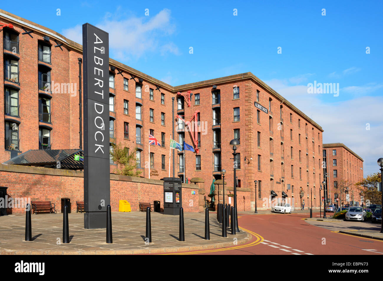 Albert Dock Sign in front of converted warehouse buildings, Albert Docks, Liverpool, Merseyside, England, UK Stock Photo