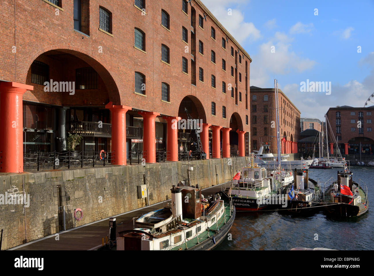 Boats moored in Albert Dock, UNESCO World Heritage Site, Liverpool, Merseyside, England, United Kingdom, Europe Stock Photo