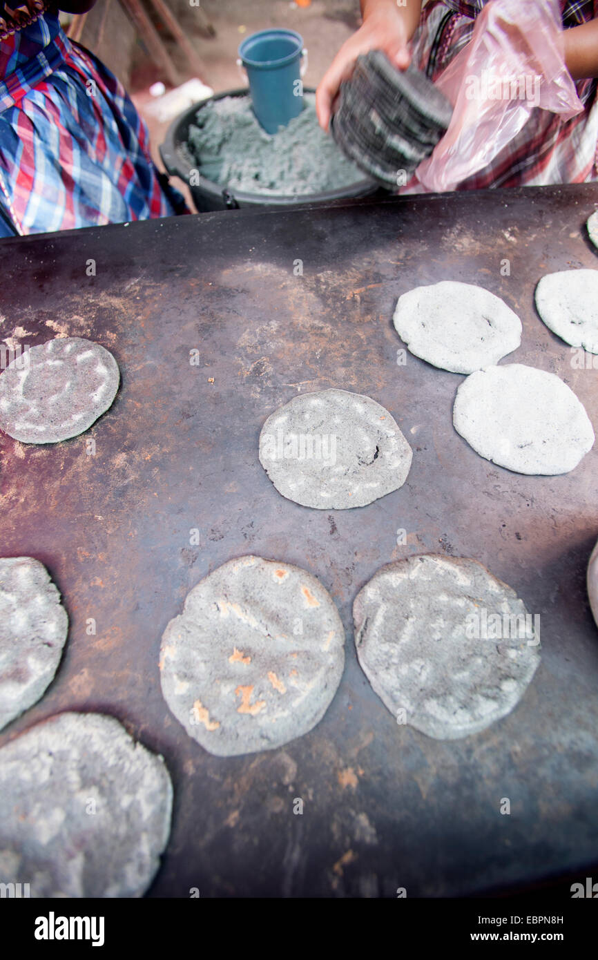 Blue corn tortillas, Chichicastenango, Guatemala, Central America Stock Photo