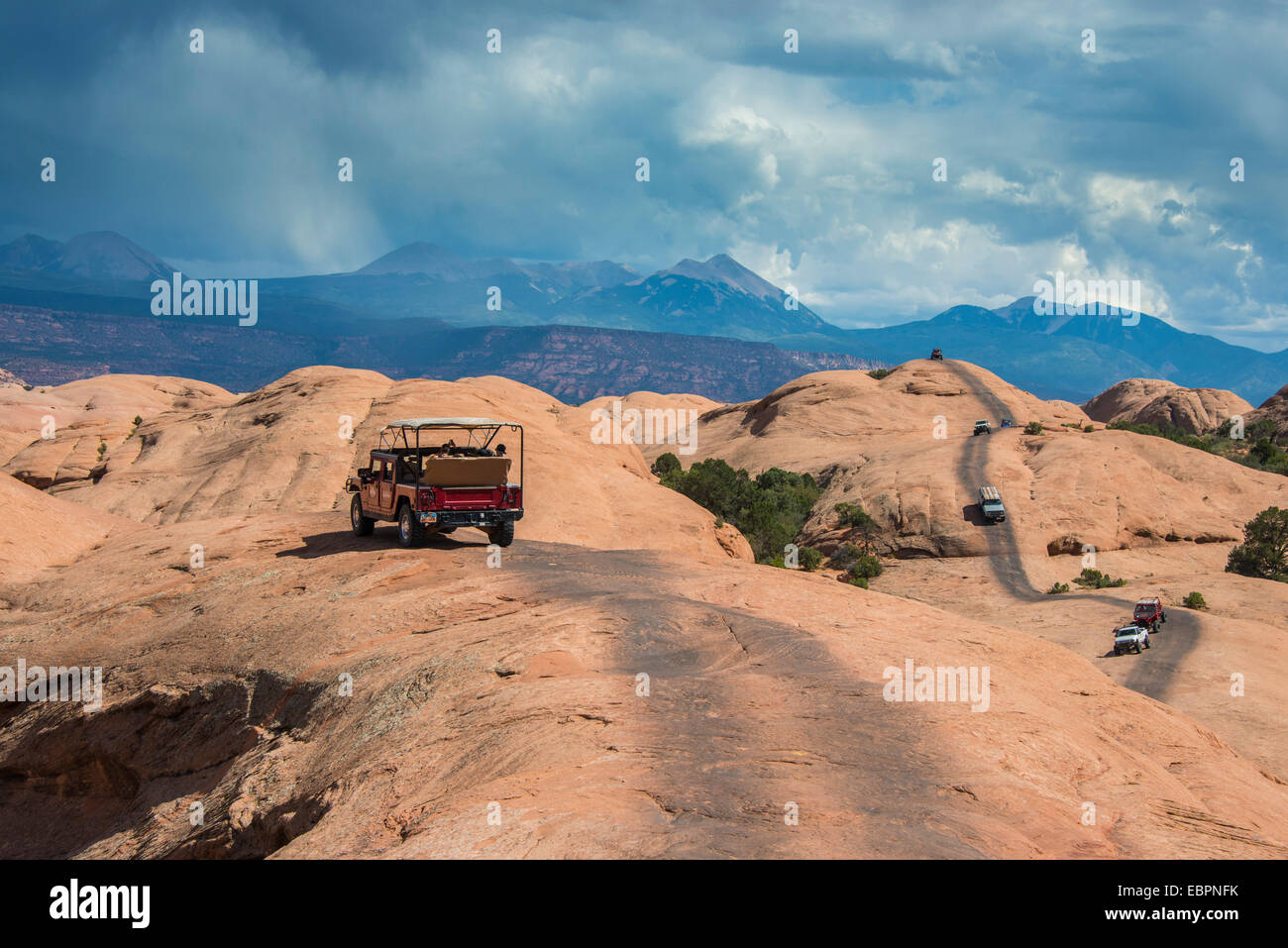 Hummer driving on the Slickrock trail. Moab, Utah, United States of America, North America Stock Photo