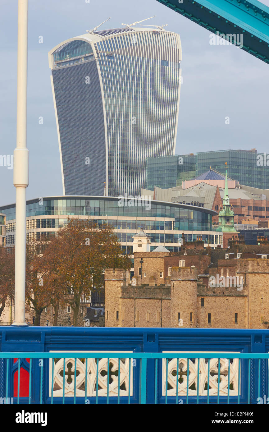 Mix of architecture including the distinctive 'Walkie Talkie building' and Tower of London from Tower Bridge London England Stock Photo