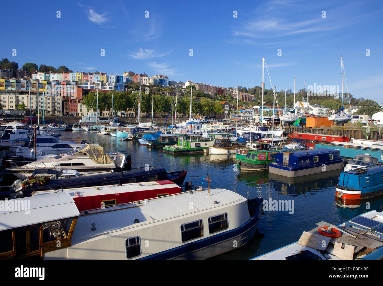 Narrowboats along Bristol's Harbourside near Hotwells, Bristol, England, United Kingdom, Europe Stock Photo