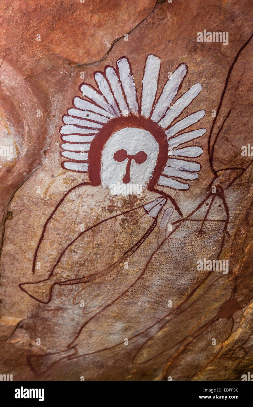Aboriginal Wandjina cave artwork in sandstone caves at Raft Point, Kimberley, Western Australia, Australia, Pacific Stock Photo