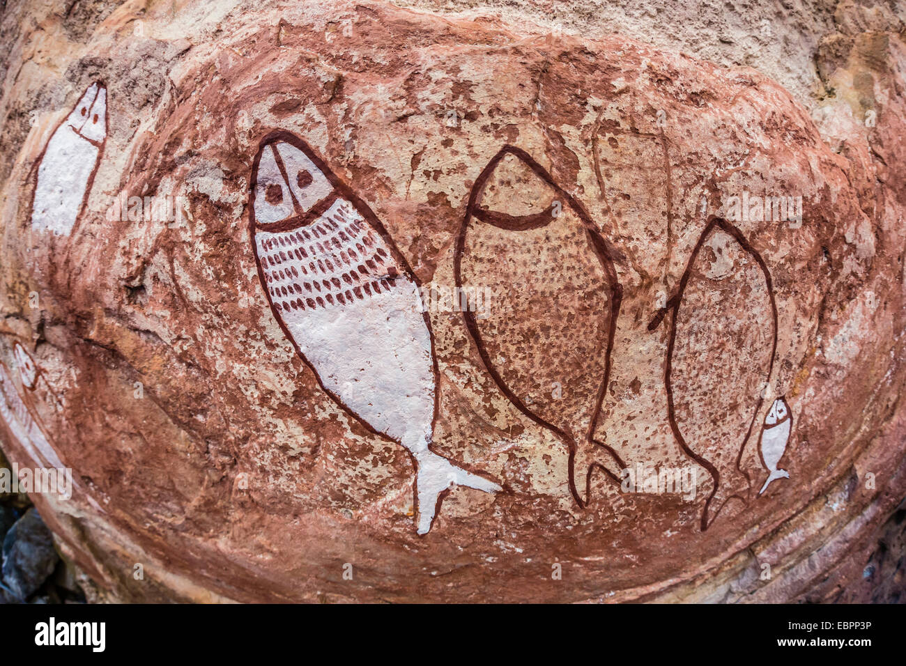 Aboriginal Wandjina cave artwork in sandstone caves at Raft Point, Kimberley, Western Australia, Australia, Pacific Stock Photo