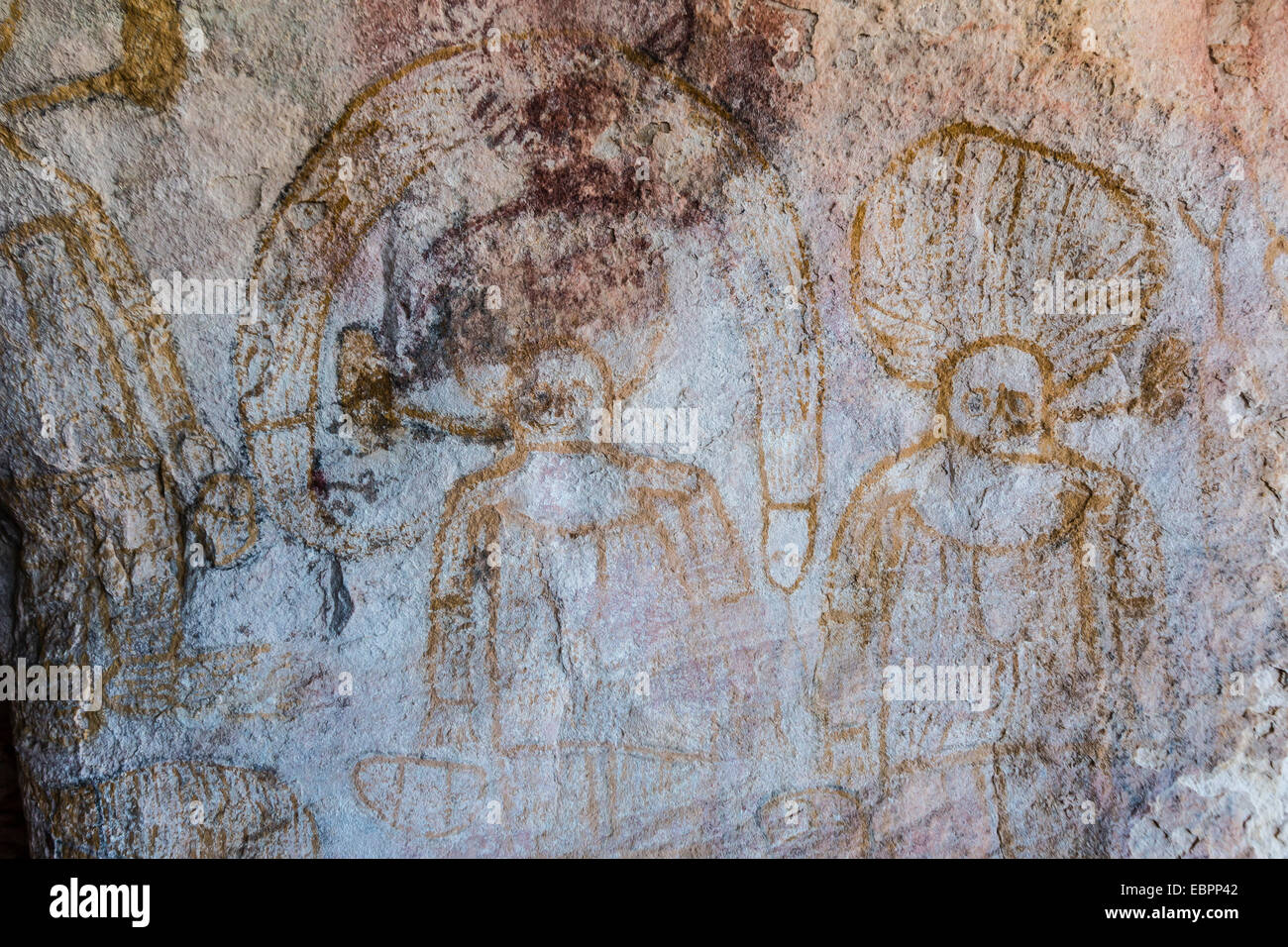 Aboriginal Wandjina cave artwork in sandstone caves at Bigge Island, Kimberley, Western Australia, Australia, Pacific Stock Photo