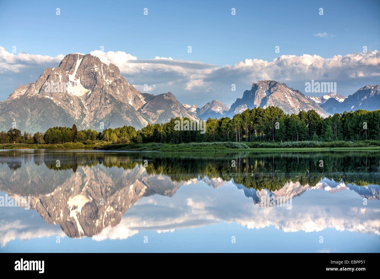 Water reflection of Mount Moran, taken from Oxbow Bend Turnout, Grand Teton National Park, Wyoming, United States of America Stock Photo