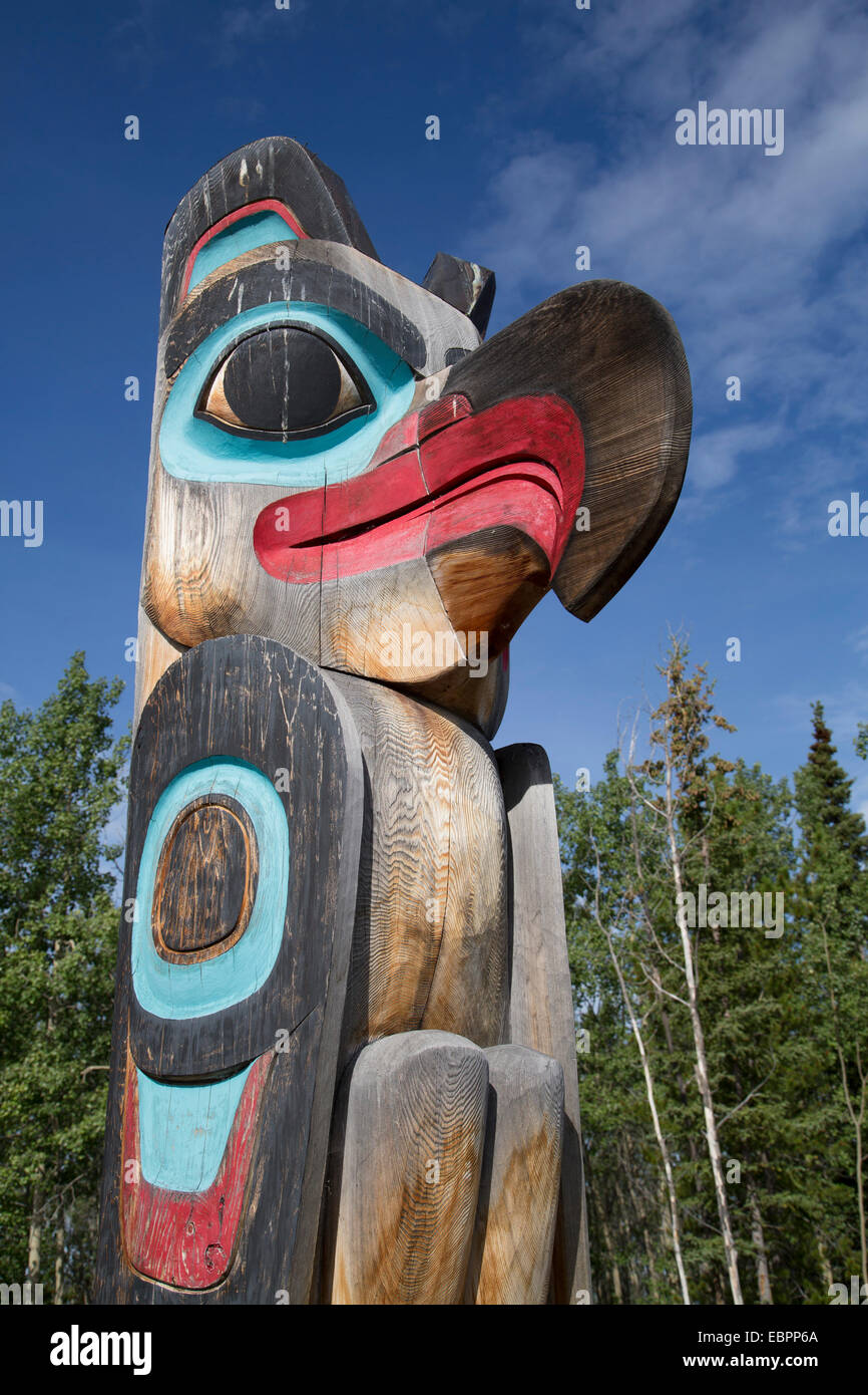 Eagle image on Totem Pole, Teslin Tlingit Heritage Center, Teslin, Yukon, Canada, North America Stock Photo