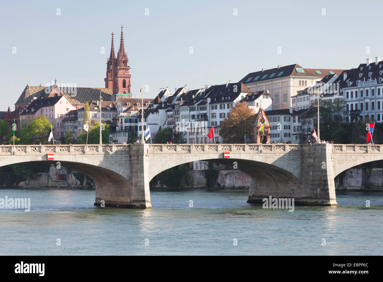 Mittlere Rheinbrucke Bridge and Cathedral, Grossbasel, Basel, Canton Basel Stadt, Switzerland, Europe Stock Photo