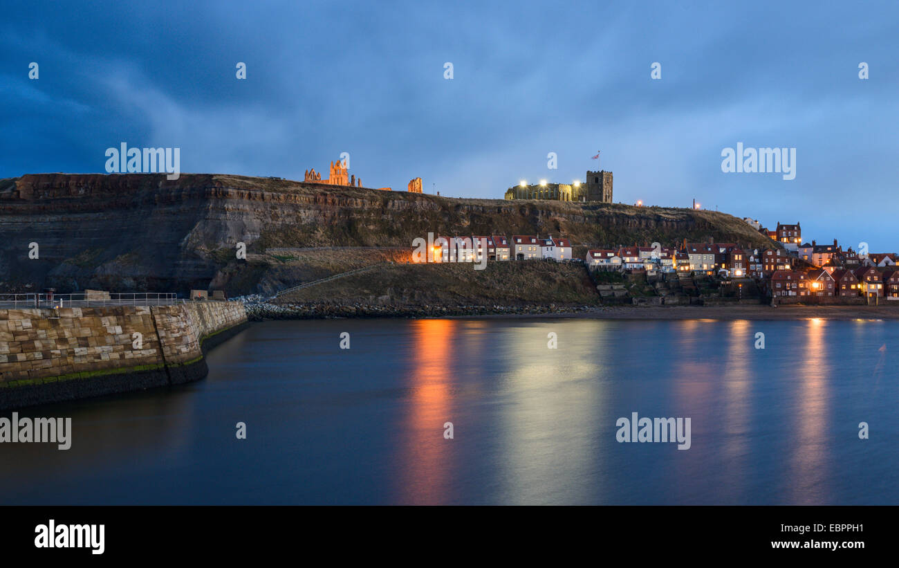 Dusk at Whitby with the Abbey and St. Mary's Church overlooking the Esk, Whitby, North Yorkshire, Yorkshire, England, UK Stock Photo